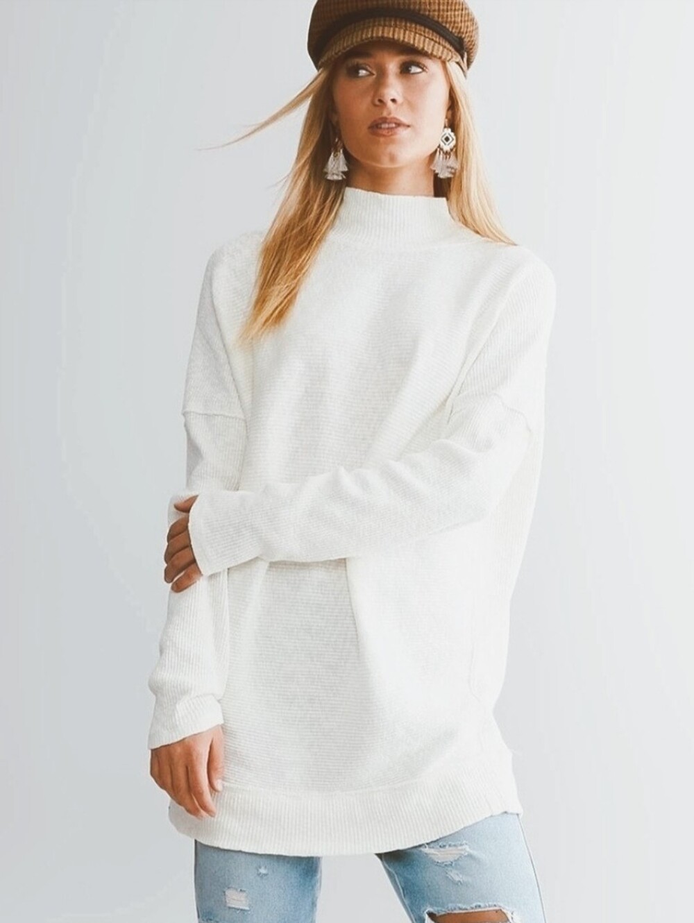Free People We The Free Casey Ivory Cream Mock Neck Ribbed Long Sleeve Tunic Tee